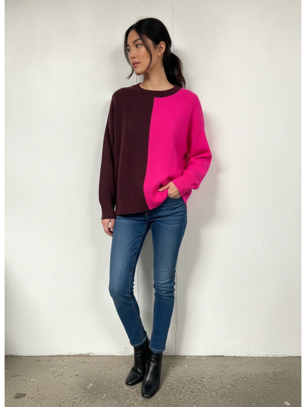 Aqua Cashmere Color Block Crewneck Sweater S